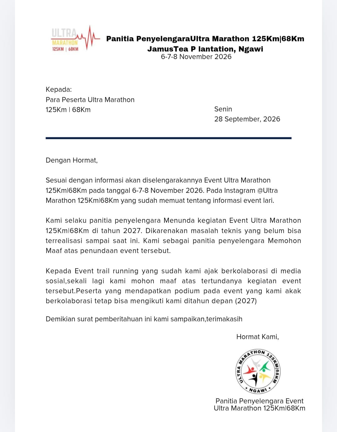 Surat resmi panitia mengenai penundaan Event Ultra Marathon 125Km 68Km ke tahun 2027